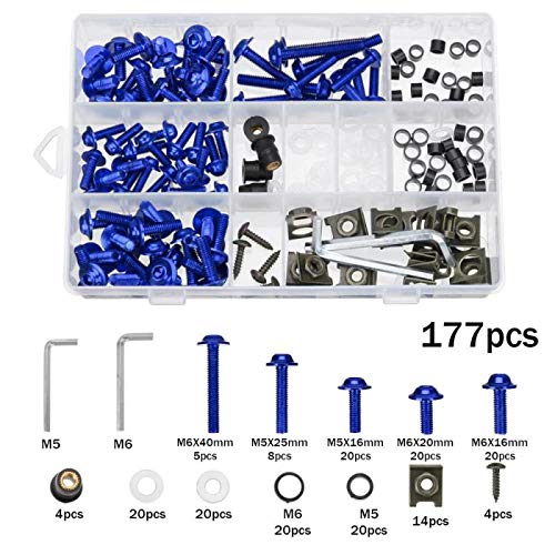 YONGYAO 177Pcs Moto Carenado Desmontaje Juego Tuercas Tornillos Clips para Honda/Yamaha/Kawasaki/Suzuki -Azul