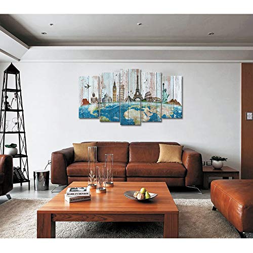 Welmeco Large 5 Pieces Wonders Of The World Map Picture On Rustic Green Wood Textured Background Canvas Prints Premium Travel Artwork For Modern Home Office Decor Gifts (01 Travel Map) #TOP1