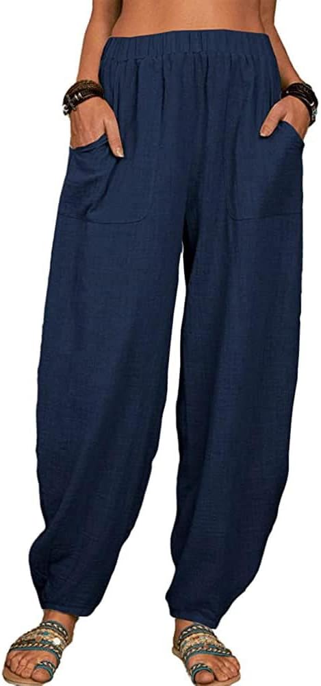 ZOCANIA Womens Casual Pants Yoga Athletic Wide Leg Lightweight Cotton Elastic Waist Loose Fit Workout Pants with Pockets