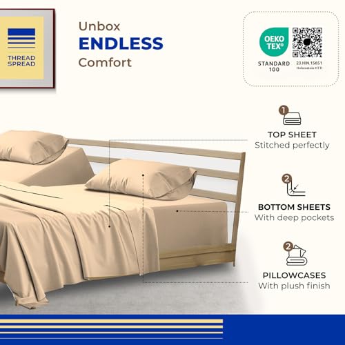 Image of THREAD SPREAD Split King Sheet Set, Luxury 1000 Series Paradise Collection 100% Egyptian Cotton Split King Sheets Sets for Adjustable Bed (5 PC, Taupe), Soft, 16 inch Deep Pocket Hotel Sheets