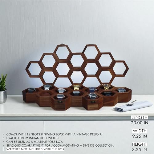 Image of Vintage Wooden Watch Box for Men, Timepiece Display Case, Honeycomb Watch Storage & Organizer, Jewlery Box for Women, Anniversary Gift For Husband (12 Compartments)