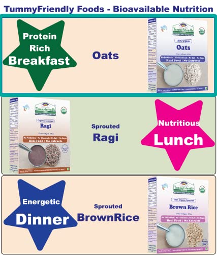 Image of TummyFriendly Foods Certified Organic Oats Porridge Mix | India-Organic Certified Organic Oats for Baby 6 Months old | No Sugar, No Salt, No Milk, No Chemicals, No Pesticides & No GMO | Cereal Rich in Protein, Beta Glucon, Healthy Fat and Dietary Fiber | Maximum Possible Nutrition From Real Food | Available in Trial Baby Packs too | Shelf-life 9 Month | 200g