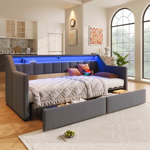 BXEYXE Cama de día, sofá cama, 90 x 200 cm, con USB y tipo C, tira LED, con 2 cajones, bolsillos de almacenamiento, cama nido multifuncional, sin colchón, gris