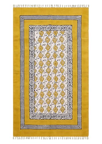 CASAVANI Flatweave Kilim Runner 2.6x4 Cotton Runner Floral Design Yellow Beige Hand Block Printed Cotton Rug Thick 0.19" Handmade Boho Indoor Outdoor Rugs for Kitchen Bedside Enterway Idea