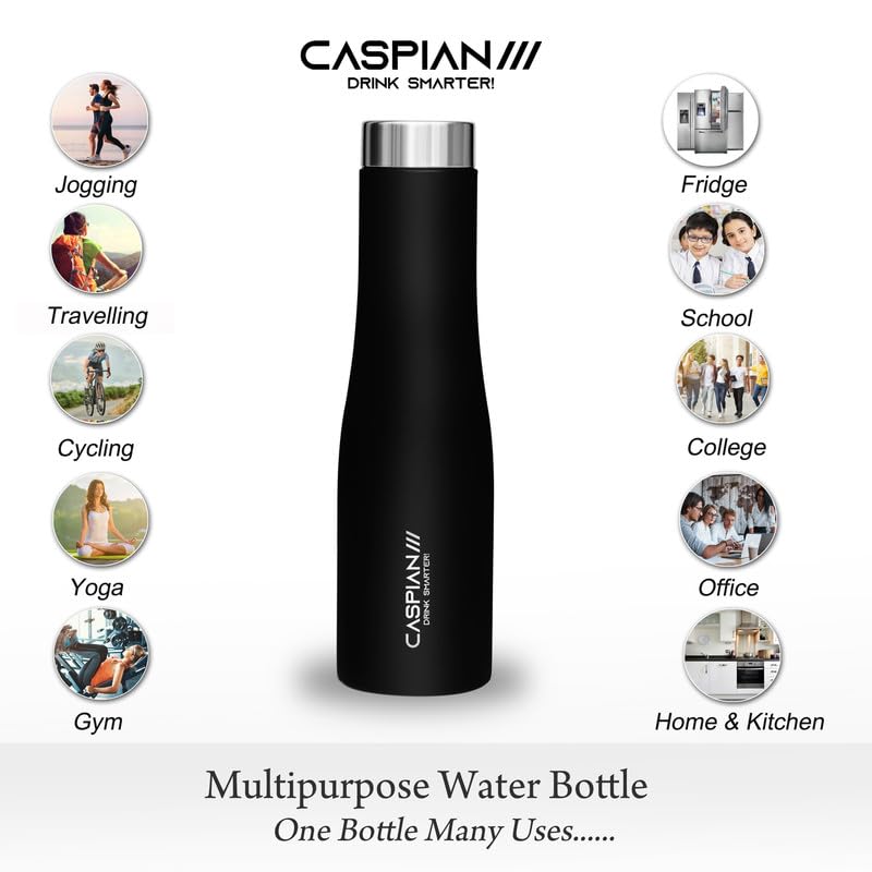 Image of CASPIAN / / / Aqua Stainless Steel Water Bottle (Black, Blue & Green, 1 Litre, Set of 3)| Leak Proof Thunder for Fridge Home Office Travel School Kids Boys Girls Adults Sports Gym Yoga
