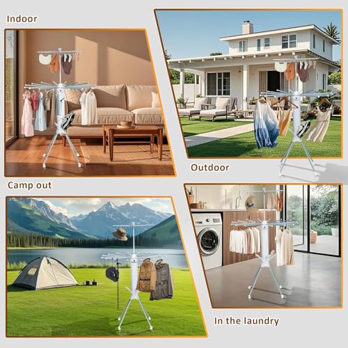 Image of 4-Leg Foldable Clothes Drying Rack with 20 Clips | Shoe Holder | 16Drying Rods | Portable Aluminum Laundry Hanger| with Wheels for Indoor & Outdoor Use