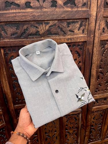 Image of Men's Premium Linen Embroidered Shirt - Casual Designer Floral Bird Embroidery Shirt for Men | Breathable Lightweight Summer Casual Party & Vacation Wear