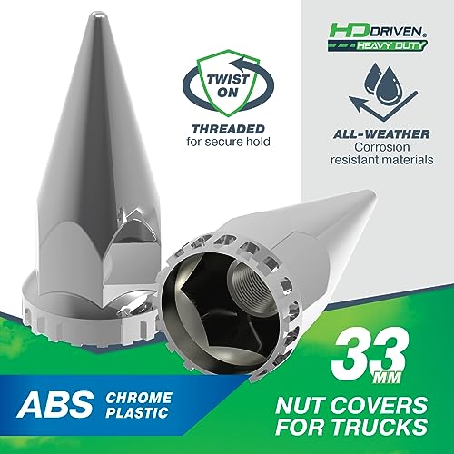 HD Driven 33mm Nut Cover Plastic Spike Tall Screw On, 10/cd – Wheel Lug Nut Covers for Semi-Trucks, Rustproof ABS Chrome Plastic, Universal Fit, Easy Screw-On Installation by HD Driven - Image 2
