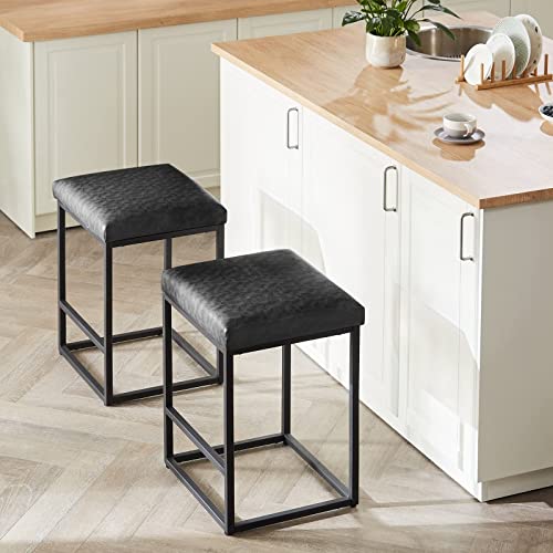 YOUDENOVA 24" Counter Height Bar Stools Set of 2, Modern Stools for Kitchen Counter, Leather Counter Chairs with Thick Cushion & Sturdy Chromed Metal Steel Frame Base (24 Inches, Black) - Image 3