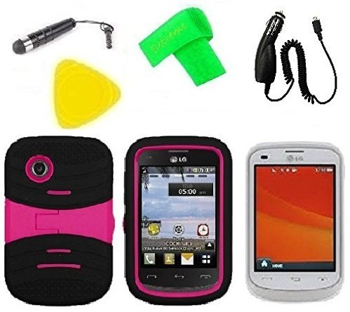 Heavy Duty Hybrid Phone Case Cover Cell Phone Accessory + Car Charger + Extreme Band + Stylus Pen + LCD Screen Protector Guard + Yellow Pry Tool for For Tracfone StraightTalk LG 306G LG306G (S-Hybrid Black Pink)