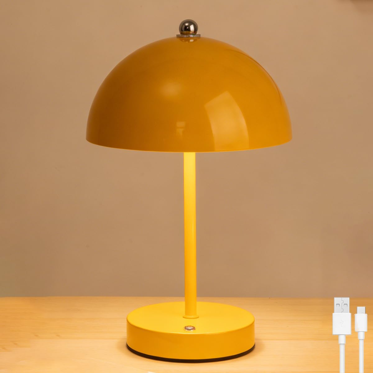 Wireless Table Lamp with Mushroom-Shaped Touch Control, Rechargeable, 3 Colour Temperatures, Dimmable LED Bedside Lamp with 1800mAh Battery, Colourful Macaron-Style Decorative Table Light,Yellow