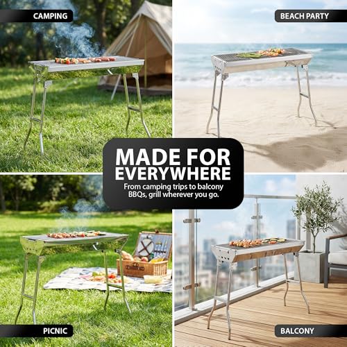 Zeno Portable Bbq Grill | Folding Charcoal Barbecue For Camping, Garden, Picnic | Steel Large Grill With Stable Fold Out Legs Wide Cooking Area And Travel Ready Design - 7