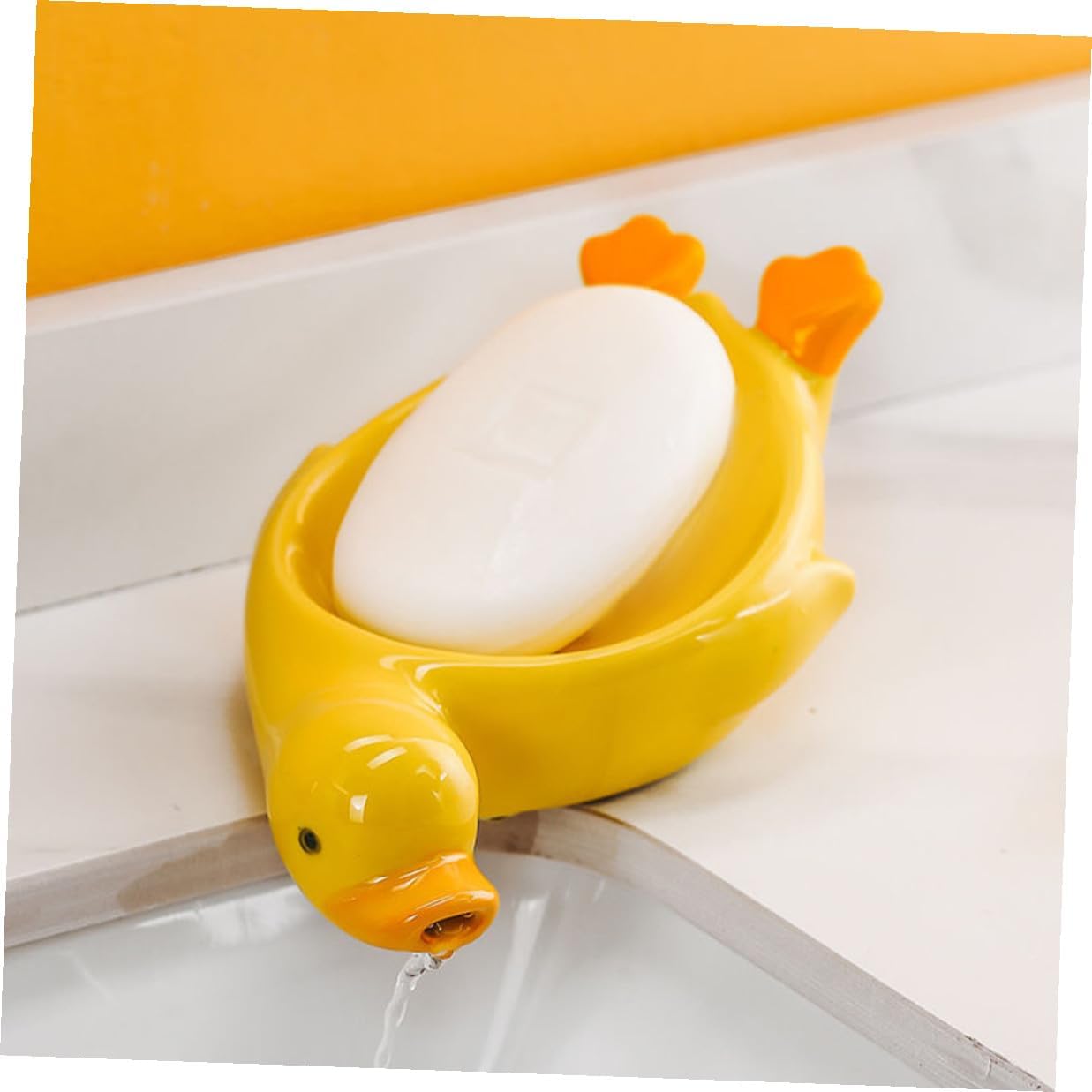 Self-draining Ceramic Soap Dish with Cute Yellow Bird Motif, Small Bathroom Soap Tray Holder for Shower and Sink Use