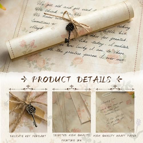 LELE LIFE Conjunto de papel e envelopes florais vintage, 4 designs de papelaria com forro antigo env