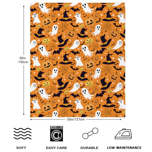 Image of Orange Halloween Blanket, Spooky Pumpkin Ghosts Fleece Throw Blanket for Kids, Fall Halloween Decorations Gifts for Kids Women Birthday, 40x60 Inches