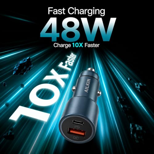 Image of Ailkin 48W Dual Output Car Charger Fast Charging with Type-C PD (36W) & USB(12W), Charging Adapter Compatible with Cars for iPhone 17 /16 /15 & Android Smartphone, Smartwatch, Earbud, Power Bank
