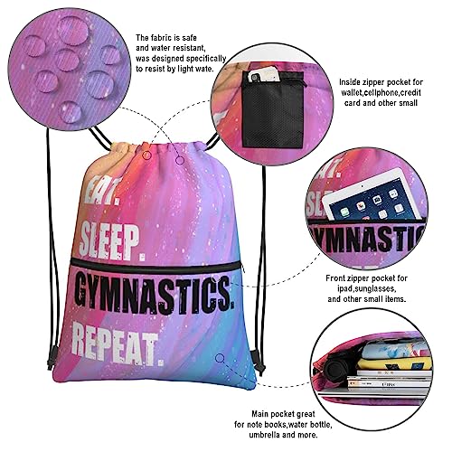 Image of Drawstring Backpack Eat Sleep Gymnastics Repeat, Gym Waterproof String Bag, Outdoor Sports Drawstring Sackpack for Women