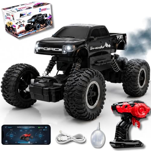 Image of Big Size Rock Crawler Rc 4x4 Car Monster Truck Toy for Boys Girls Kids, Off-Road Vehicle with LED Headlights & Music, Dual Mist Fog Spray Function, Anti-Skid Rubber Tires, Birthday Gift 6121 Black