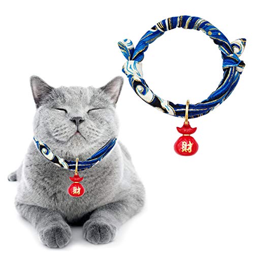 HACRAHO Cat Collar with Bell, 1 Pack Blue Japanese Style Waves Print Pet Collar Adjustable Cat Collar with Fortune Bell for Small Cats Puppy Pets, M
