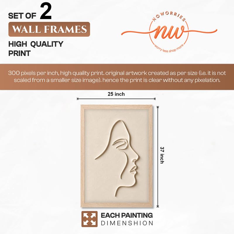 Image of NoWorries Minimal Line Art Wall Painting Set of 2 with Frame | Abstract Woman Face & Botanical Flower Beige Artwork, Modern Neutral Wall Decor for Living Room, Bedroom, Office and Home Decoration (Art-8, 25x37inch)