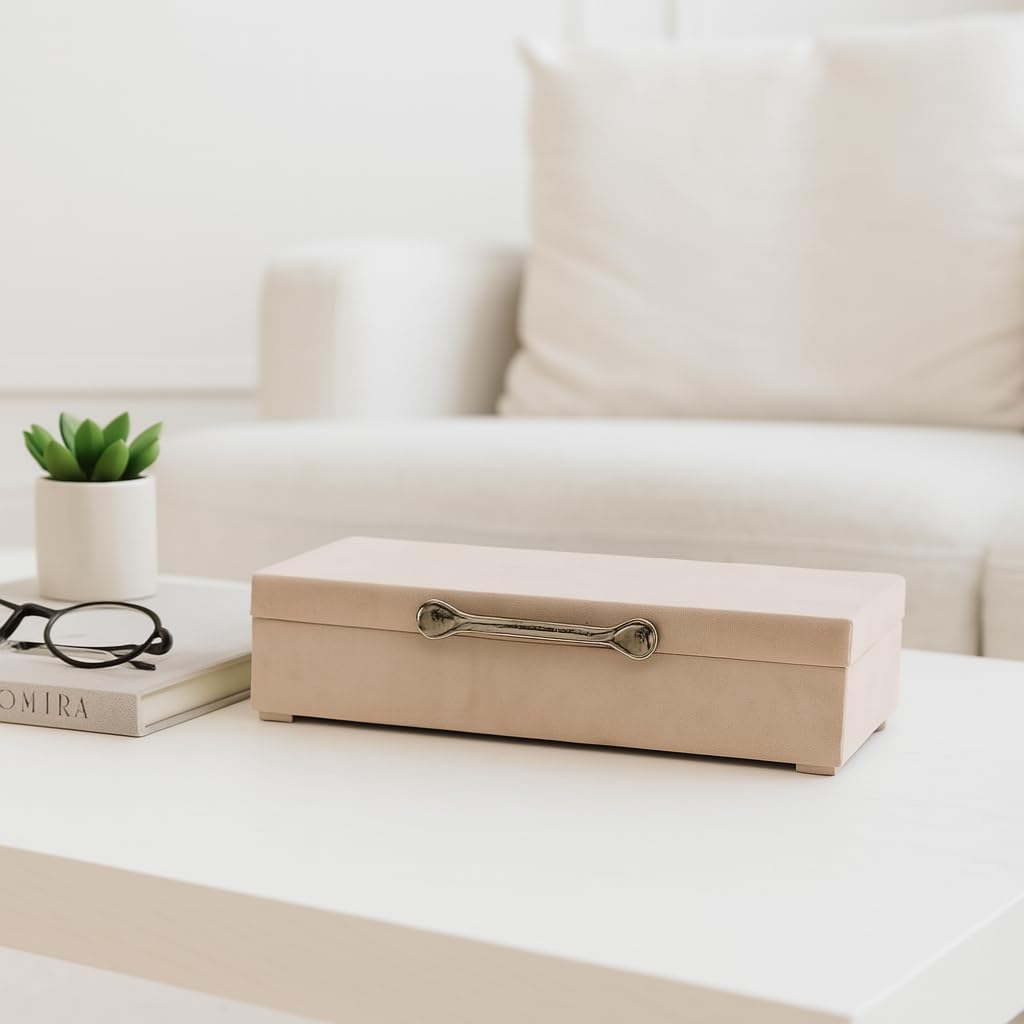 Elegant Decorative Box for Home Decor – Soft Suede Jewelry Storage Box with Lid and Sculptural Metal Handle – Long Keepsake Box and Home Organizer for Entryway, Living Room, or Bedroom – 4" Tan image 3