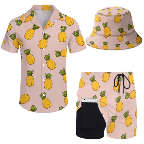 Wilumi Hawaiian Funky Pineapple Butt Shirts and Shorts Set Two Piece Pink Button Down Short Sleeve with Matching Bucket Hats 3X-Large