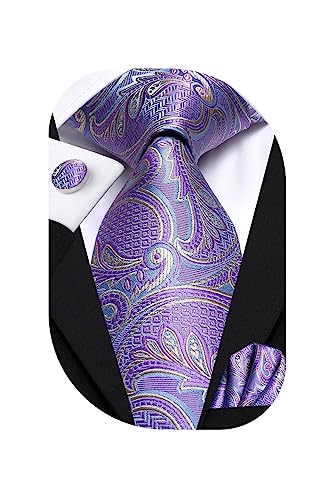 Image of Hi-Tie Men 63inches Tie Set Extra Long Necktie Paisley Tie Pocket Suqare Cufflinks Big and Tall Men Tie