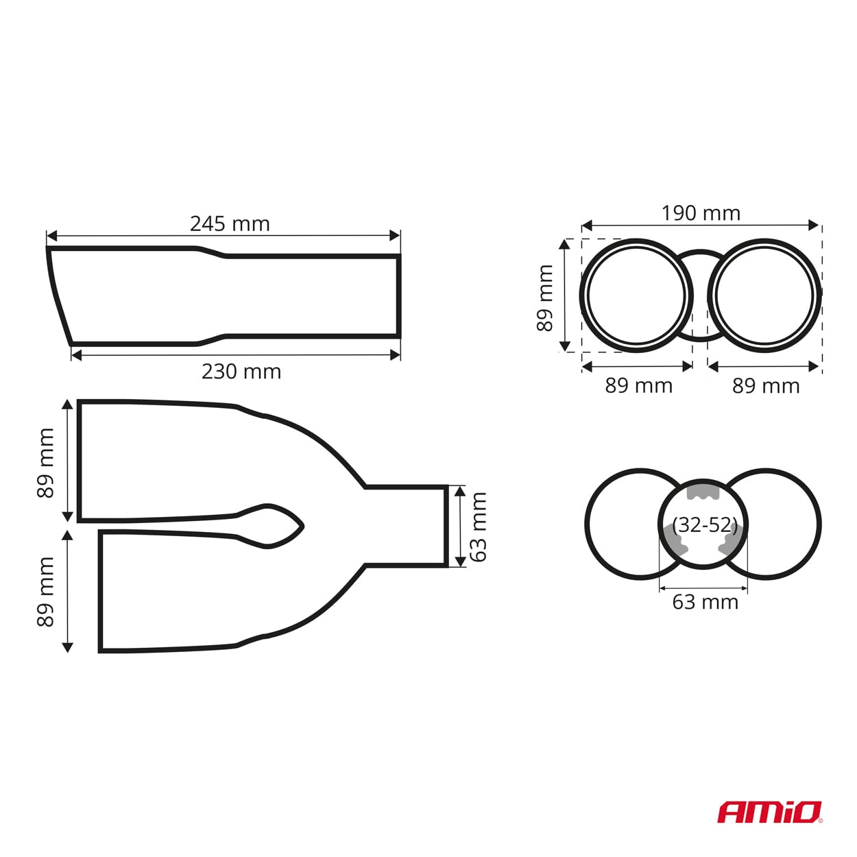 AMiO Końcówka Tłumika Carbon Podwójna Prawa Stal Nierdzewna 32-52 mm 04070