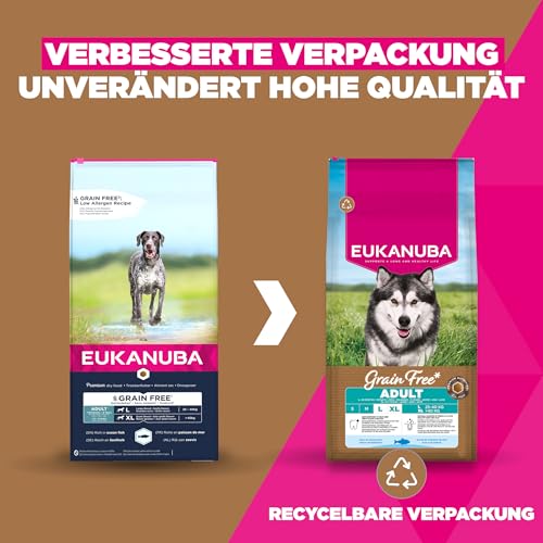 Eukanuba Hundefutter getreidefrei mit Fisch für große Rassen, Premium Trockenfutter ohne Getreide für ausgewachsene Hunde, 12 kg