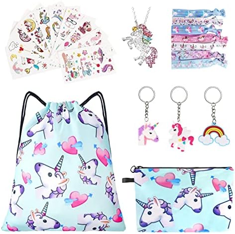 URAQT Unicorn Drawstring Bag, 23pcs Drawstring Backpacks Set with Makeup Bag, Necklace, Bag Charms, Hair Tie and Unicorn Tattoo Sticker, Kids Cartoon School Backpacks for Girl Birthday Party Christmas