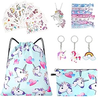 URAQT Unicorn Drawstring Bag, 23pcs Drawstring Backpacks Set with Makeup Bag, Necklace, Bag Charms, Hair Tie and Unicorn Tattoo Sticker, Kids Cartoon School Backpacks for Girl Birthday Party Christmas