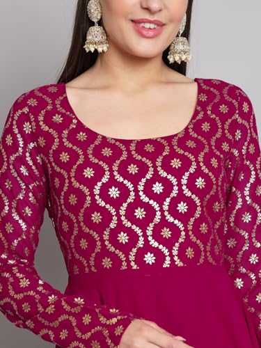 Image of PH POSHAKHUB Georgette Foil Print Anarkali Kurta has Round Neck and Full Sleeve