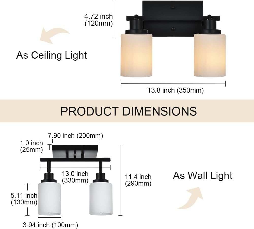 TODOLUZ Wall Sconce Track Lighting Kit, 2-Lights Wall Mounted Light Fixtures in Black Finish, Ceiling Spotlight with Opal White Glass for Bedroom Cloakroom