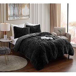 Sweet Home Collection Plush Shaggy Duvet Cover Set Ultra Soft Luxurious Faux Fur Decorative Fluffy Crystal Velvet Bedding with 2 Shams, Queen, Black