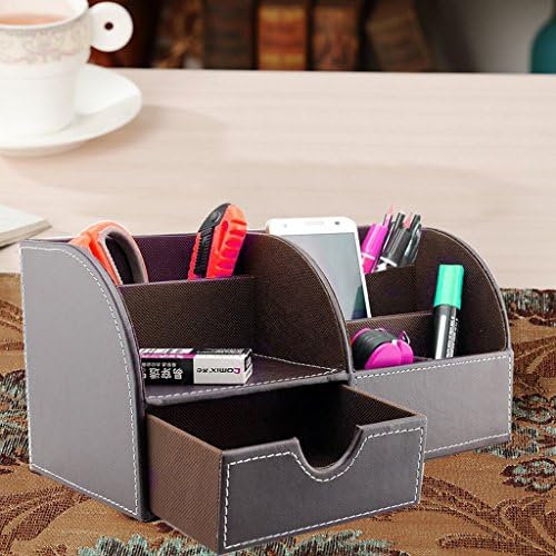 BTSKY Office Multi-Functional Pu Leather Desk Organiser Tidy Business Card Pen Mobile Phone Remote Control Holder Storage Box (Brown)