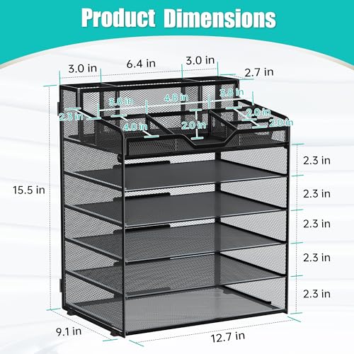 Image of 6 Tier Mesh Paper Desk Organizer with Pen Holders, Black