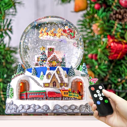 Musical Rotating Santa Claus Flying Over Village,Automatic Snowfall,Train, Christmas Snow Globe Music Box Gifts, for Women Wife Mom Girlfriend Daughter, Xmas Present,Plays 48 Classic Christmas Carols by Mr.Winder - Image 3