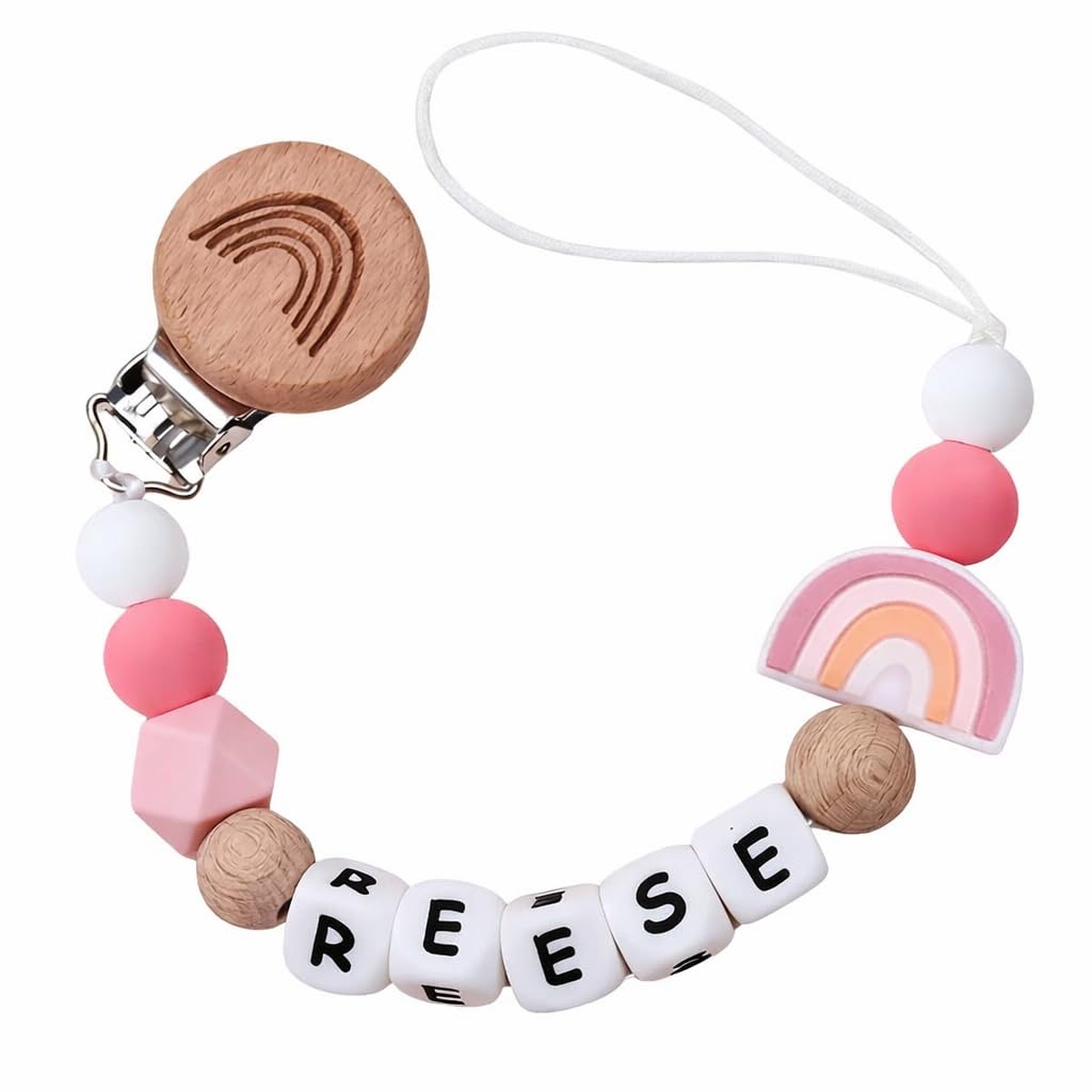 Personalized Pacifier Clip with Name Custom Stroller Clip Silicone Pacifier Chain Holder Clips (Rainbow)