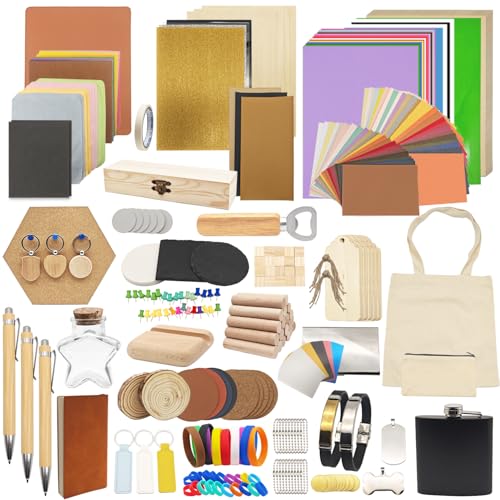 Lamnhin 366PCS Engraving Material Box: DIY Materials to All Laser Engravers with Instructions - 43 Kinds of Laser Engraving Supplies Including Fabric, Metal, Wood, Acrylic, Rubber, PU Leather