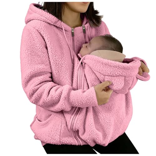 Women Fuzzy Fleece Hoodie Carrier Pouch Zip Up Hooded Warm Winter Jacket