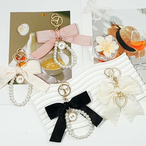COAUXOG 4pcs Bow Keychain Charms for Women,Cute Purse Keychain Charms Bow Rhinestone Pearl Wristlet Handbag Accessories Backpack Car Keys Camera Bag Accessories