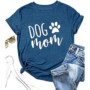 Dog Mom Shirts for Women Funny Dog Paw Print Graphic T Shirt Casual Letter Short Sleeve Mama Tee Tops (Blue, M)