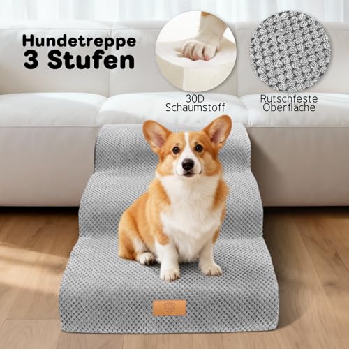 Thihome Hundetreppe für Kleine Hunde 3-Stufig, rutschfeste Haustiertreppe 40cm Hoch, Tragbar Hunderampe für Bett und Sofa, Treppe für Hunde mit Waschbarem Bezug und Rutschfestem Boden, Grau