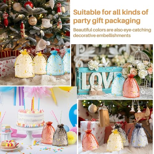 Image of Sukh 100pcs Organza Bags 4 inchx6 inch - Moon Star Small Gift Bags Bulk Party Favor Mesh Bags Drawstring Goodie Wrap Pouch Bags Candy Jewelry Sachet Bracelet Fruit Protection Bags Wedding Halloween Christmas