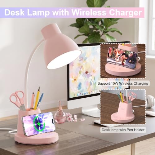 Sailstar 10W Wireless Charging LED Desk Lamp with Pen Holder, CRI 95, Pink - 1