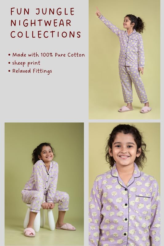 Tweeny Mini Girls Kids Pure Cotton Night Suit | Night Dress Cute Sheep Printed Nightwear with Full Sleeve Shirt & Pyjama Combo Set Sleepwear (8-9 Years, Lavender) 1