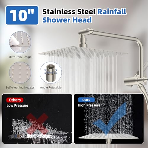Image of 10 inch Metal Rainfall Shower Head with 10-Mode Handheld, Brushed Nickel