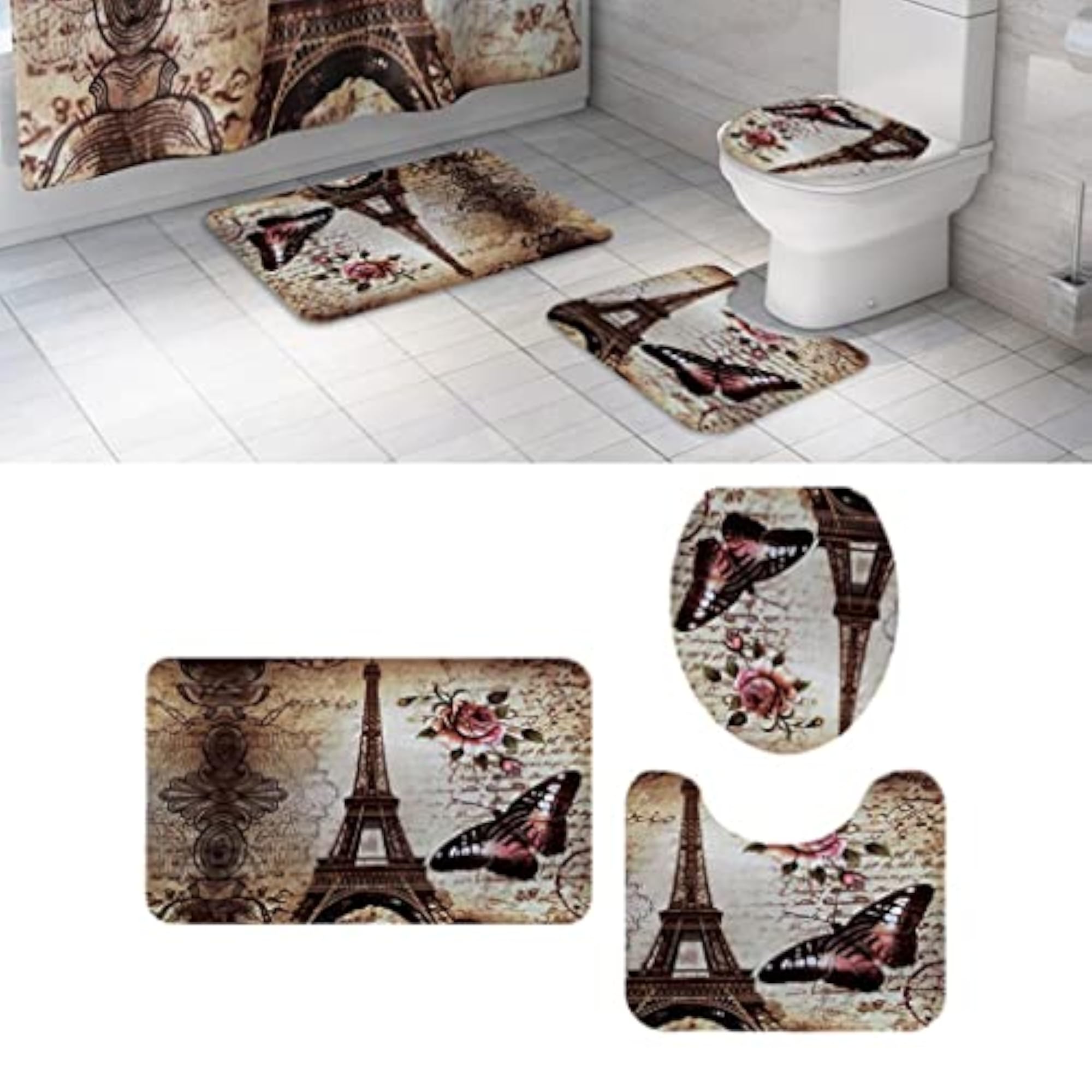 3 Pcs Eiffel Tower Bathroom Rug Set, Landscape Pattern
