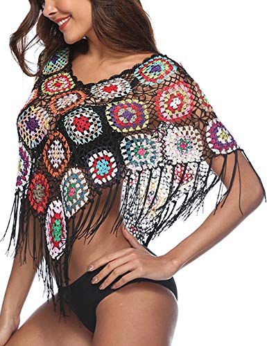 xxxiticat Women's Embroidery Print Hollow Out Bikini Blouse Cloak Poncho Cape Fringe Hem Crochet Floral Beach Cover Ups Tops4