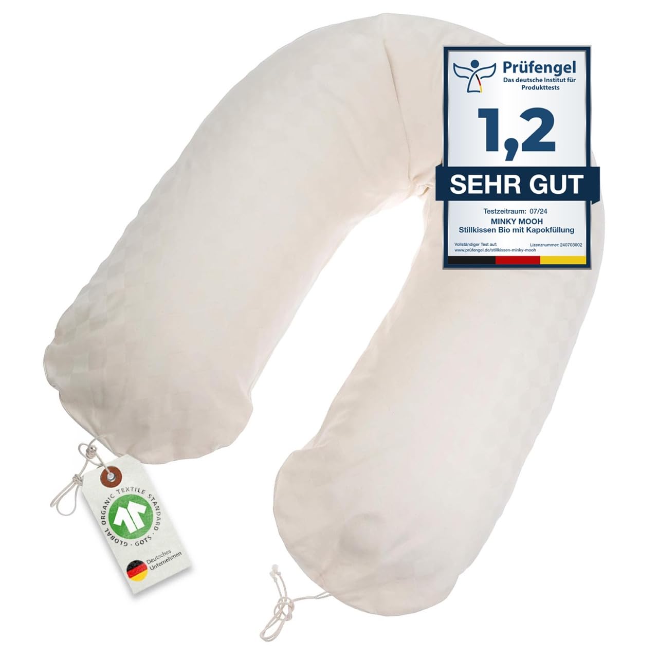 Minky Mooh® - Stillkissen XXL Bio Baumwolle (Öko-Tex 100) mit Kapok Füllung (190x30cm) créme - Großes Baby-Kissen zum Schlafen, Stillen & Flasche geben, Schwangerschaftskissen & Seitenschläferkissen